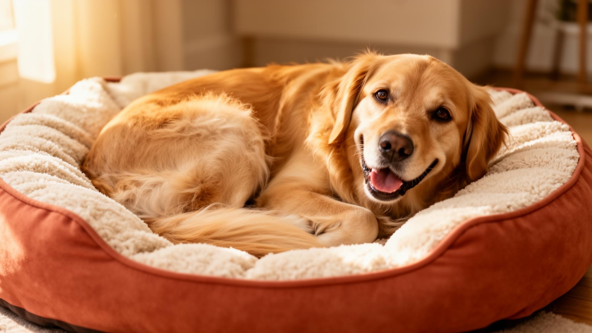 Golden retriever curled up happily on a plush dog bed