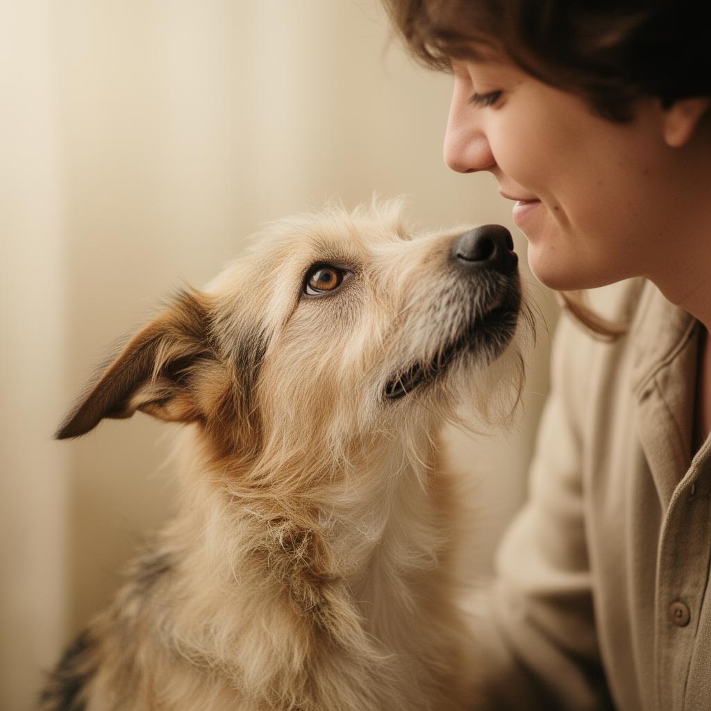 A dog parent and their scruffy mutt sharing a quiet moment